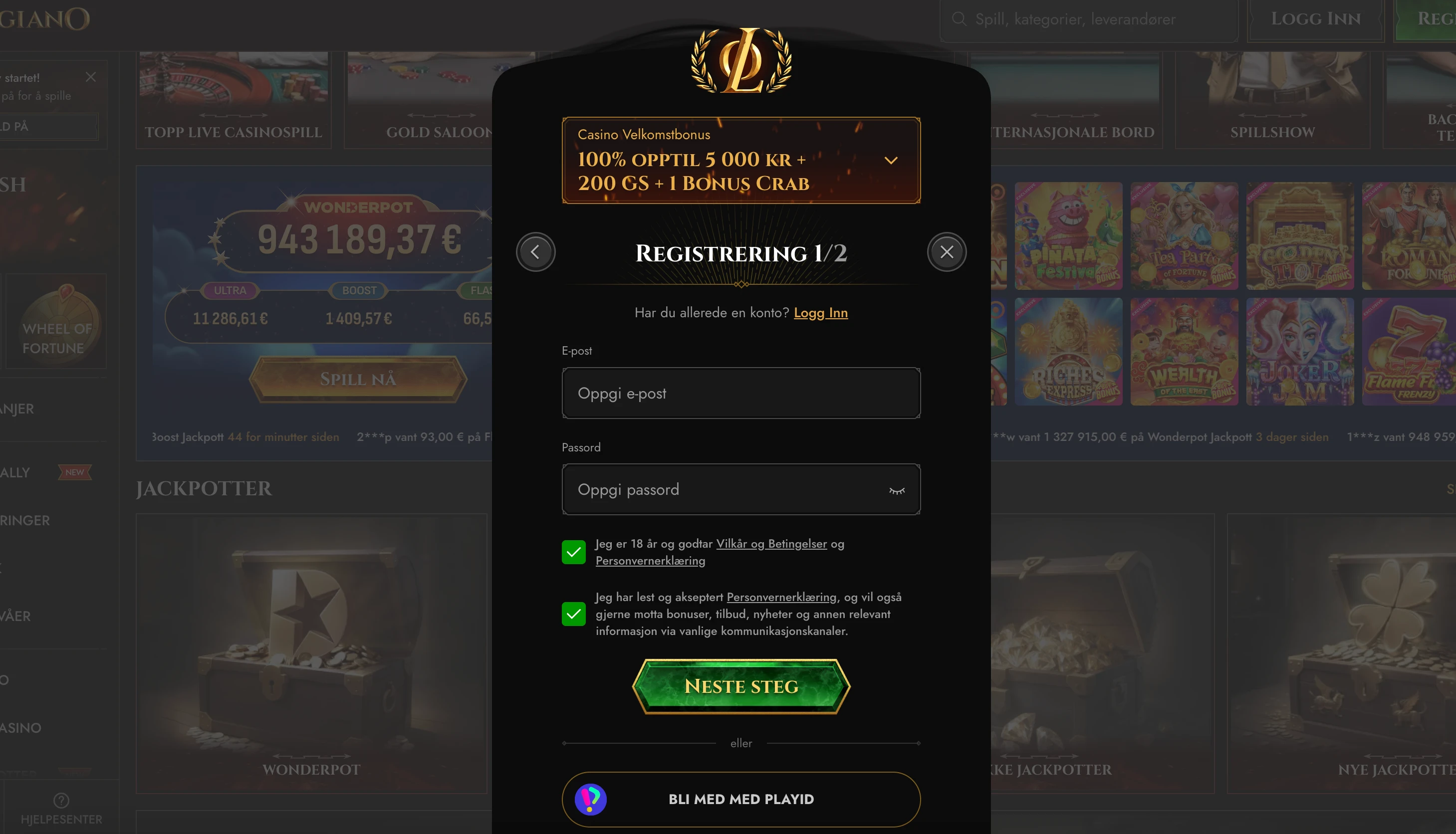 Legiano Casino registrering